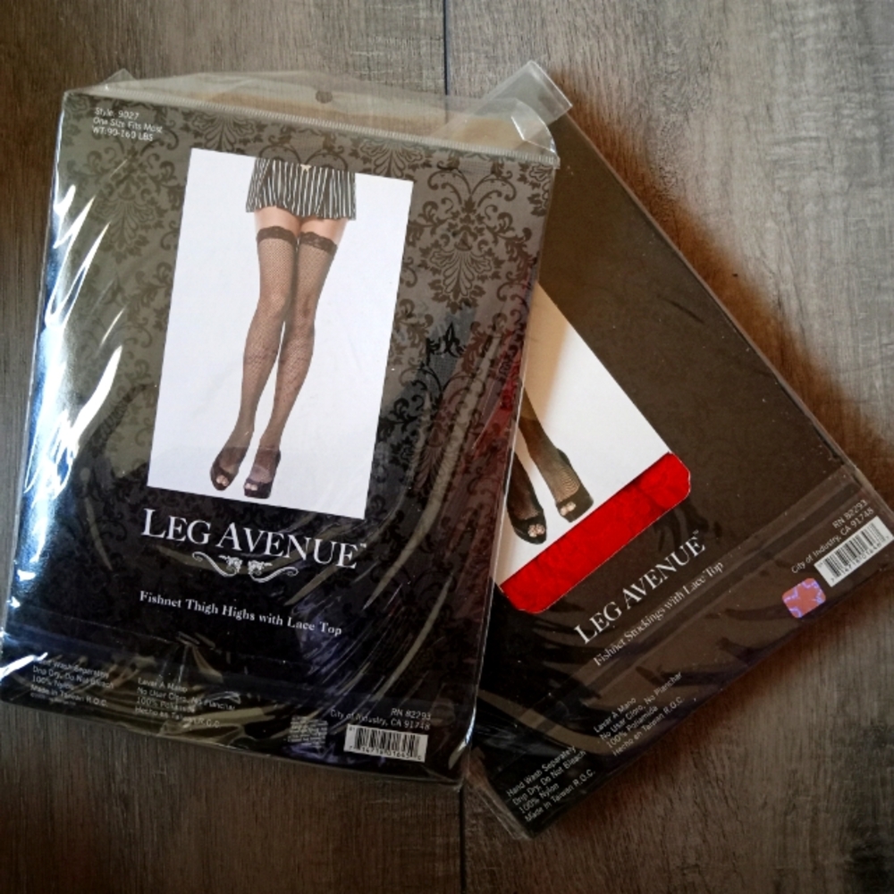 2 pair of Fishnet Thigh Highs w/ Lace Top. Red & Black
